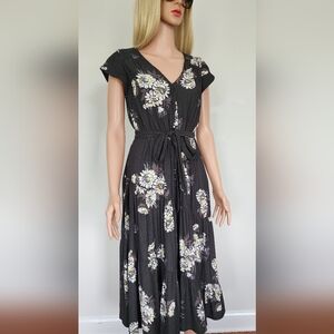 FREE PEOPLE RUFFLE FRILL BELTED FLORAL CAP SLEEVES BUTTONS MIDI DRESS SZ.4